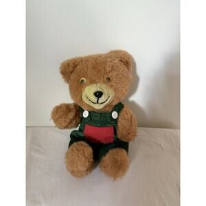 Vintage Corduroy Plush Bear with Green Overalls Trudy Toys 13" Red Pocket